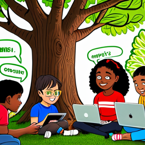 Home 11 "Gen Alpha's World"**
**Prompt:** A vibrant, diverse group of Gen Alpha kids collaborating on a project. Some are using tablets and laptops, others are outdoors planting trees. Speech bubbles show keywords like "Social Impact," "Authenticity," "Tech for Good," and "Community." Style: Bright, cartoonish, optimistic. Focus on positive energy and collaboration.
**