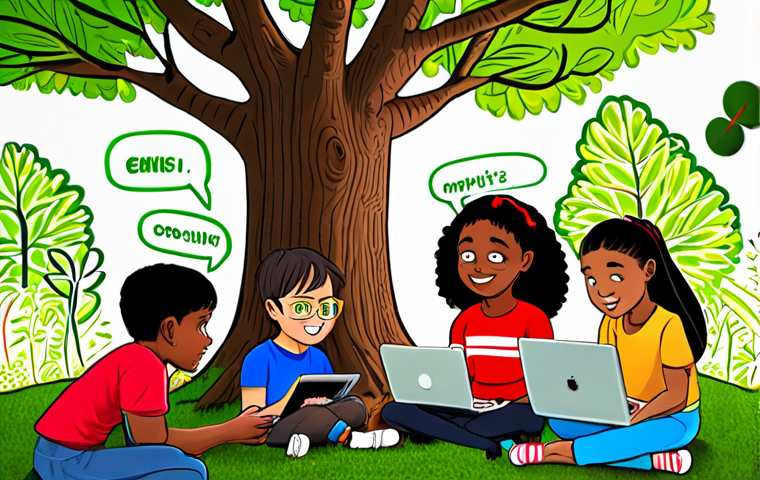 "Gen Alpha's World"**

**Prompt:**  A vibrant, diverse group of Gen Alpha kids collaborating on a project.  Some are using tablets and laptops, others are outdoors planting trees.  Speech bubbles show keywords like "Social Impact," "Authenticity," "Tech for Good," and "Community."  Style:  Bright, cartoonish, optimistic.  Focus on positive energy and collaboration.

**