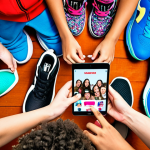 **

> A diverse group of Gen Alpha kids enthusiastically participating in a social media challenge for a sneaker brand. The scene is bright, colorful, and energetic, showcasing user-generated content like photos and videos. Include smartphones and tablets displaying the brand's logo and hashtag.

**