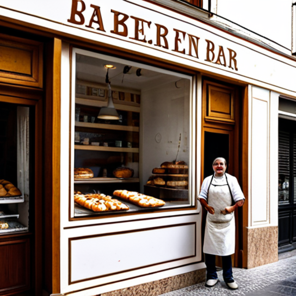 Authentic Brand Storytelling**
A small, independent bakery storefront in Seville, Spain, with a warm and inviting atmosphere. A friendly baker, fully clothed in a clean apron, is handing a freshly baked pastry to a child and his mother. The bakery sign is hand-painted and slightly worn, showcasing its history. Soft, natural light filters through the windows. Include "safe for work," "appropriate content," "fully clothed," "professional," "modest," "perfect anatomy," "correct proportions," and "natural pose."
**