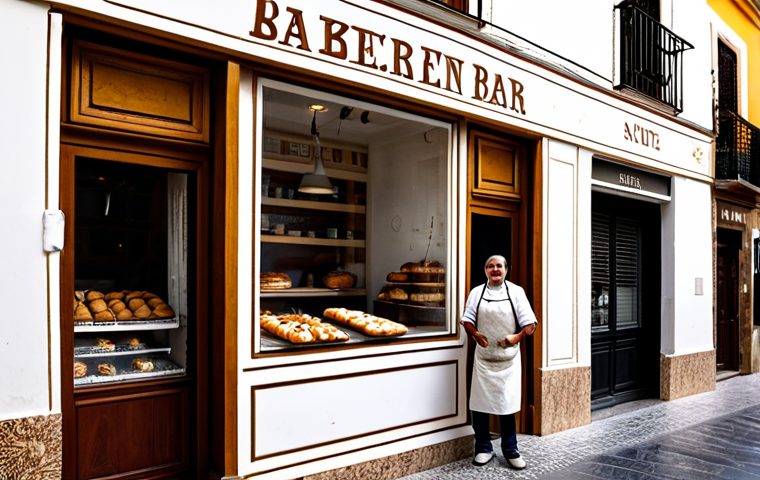 Authentic Brand Storytelling**

A small, independent bakery storefront in Seville, Spain, with a warm and inviting atmosphere. A friendly baker, fully clothed in a clean apron, is handing a freshly baked pastry to a child and his mother. The bakery sign is hand-painted and slightly worn, showcasing its history. Soft, natural light filters through the windows.  Include "safe for work," "appropriate content," "fully clothed," "professional," "modest," "perfect anatomy," "correct proportions," and "natural pose."

**