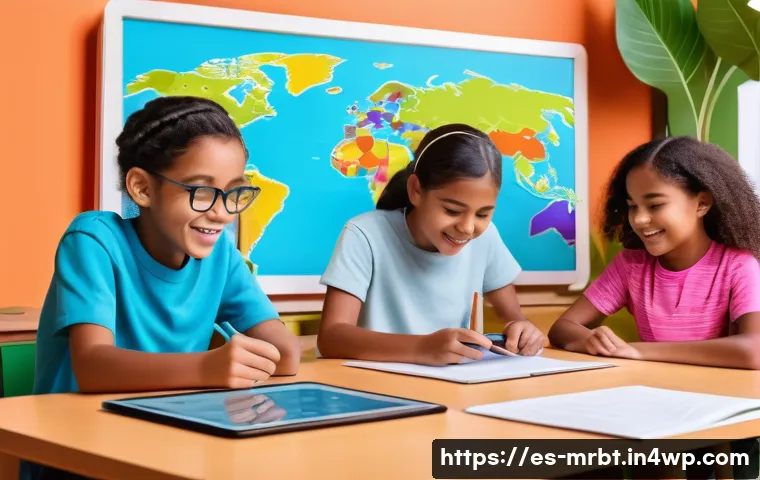 알파세대를 위한 콘텐츠 배포 전략 - A vibrant digital classroom scene featuring diverse children from the Latin American region, aged 8 ...