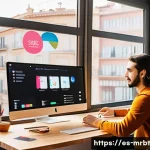 Home 21 알파세대를 위한 마케팅 자동화 기법 - A vibrant digital marketing workspace in Spain, showing a young professional analyzing real-time soc...