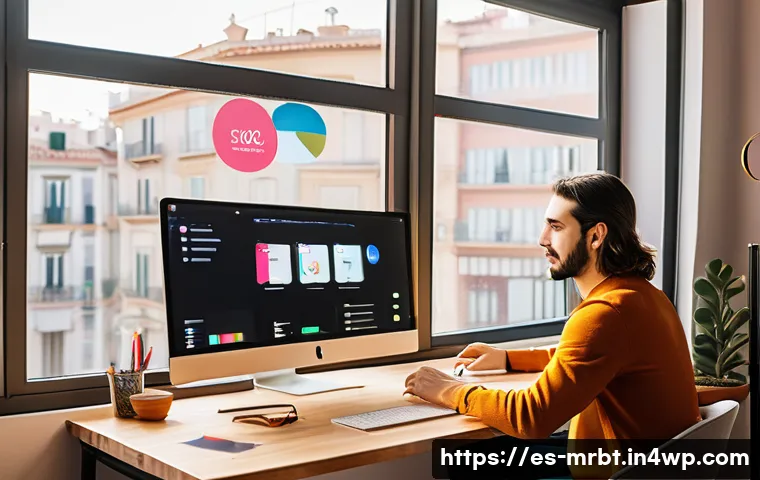 알파세대를 위한 마케팅 자동화 기법 - A vibrant digital marketing workspace in Spain, showing a young professional analyzing real-time soc...