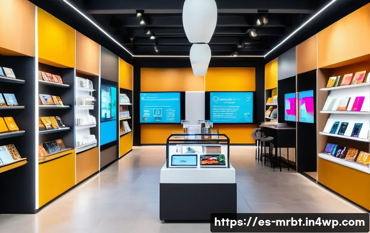 알파세대와 옴니채널 마케팅 전략 - A vibrant, modern retail store interior in Spain blending digital technology and physical space, sho...